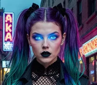 Yor Graves — neon-lit cyberpunk portrait with violet pigtails