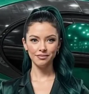 Kari Bell — dark-teal-haired pilot before a green starship